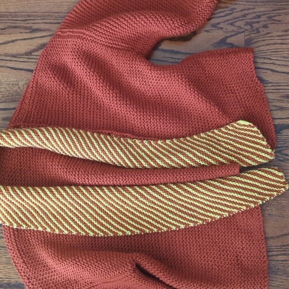 chunky Cardigan Handmade knit brick/mustard bell sleeves cozy shawl collar sz L - Picture 4 of 10